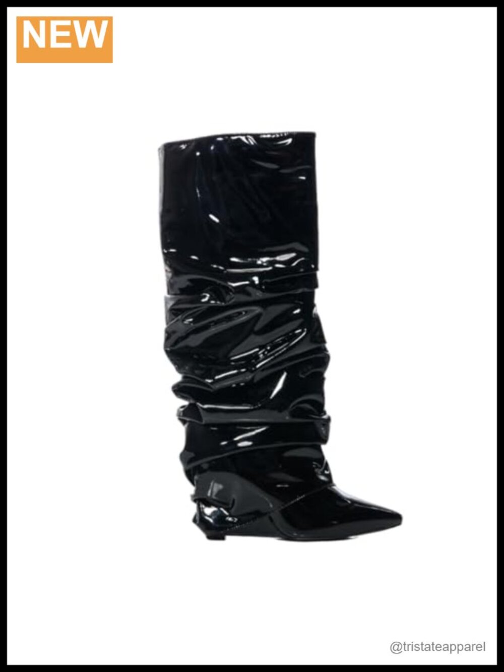 Patent Leather Wedge Knee High Boots Pointed Toe Slip On